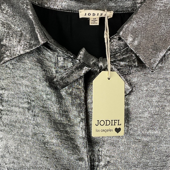 NWT Jodifl Black Silver Metallic Bow Long Sleeve Blouse Sz Medium - Picture 7 of 8